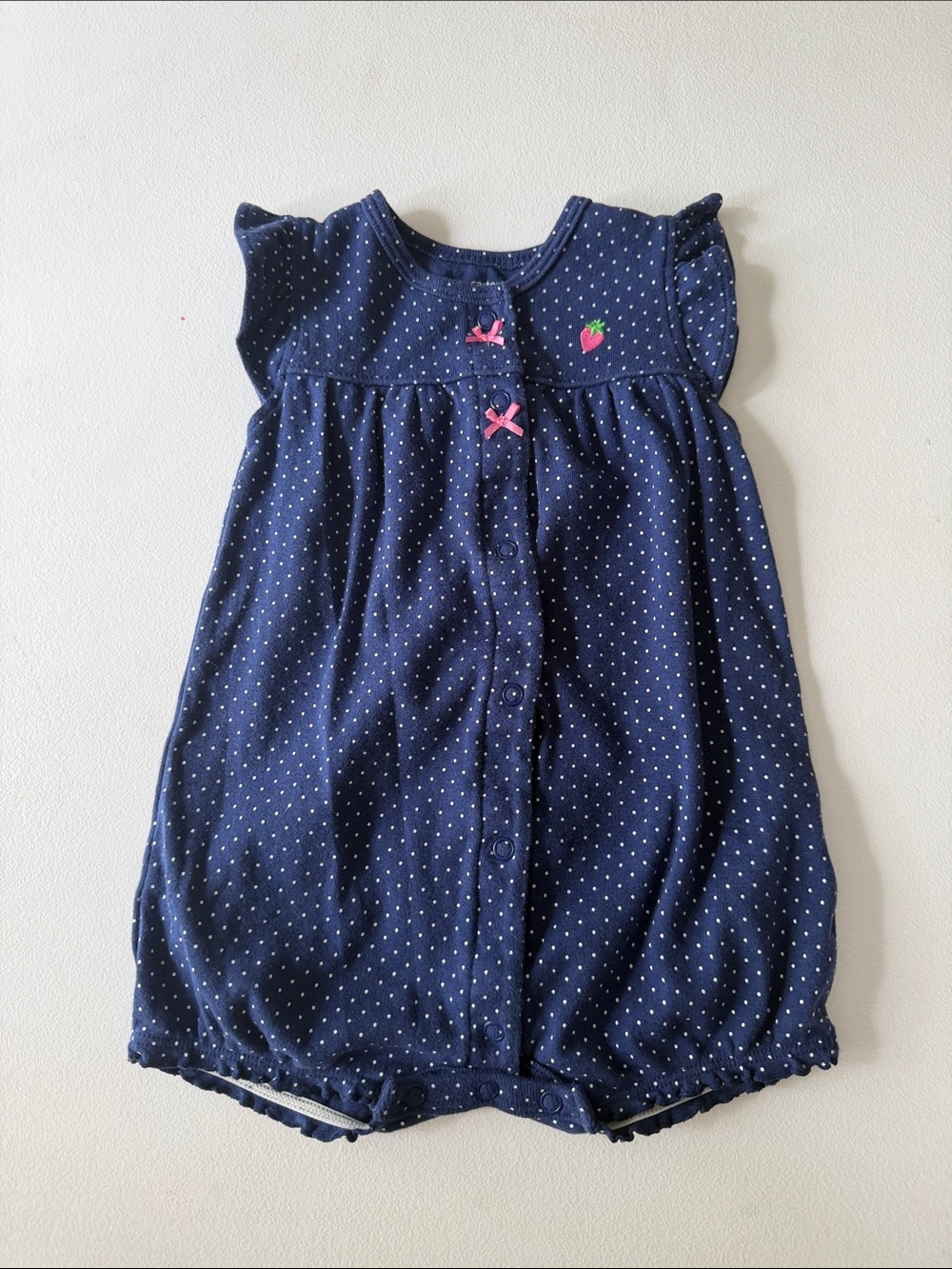 Carter's - Navy Polka Dot Romper with Strawberry butt